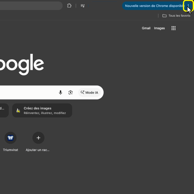 Menu Chrome, Aide, À propos de Google Chrome, puis Relancer